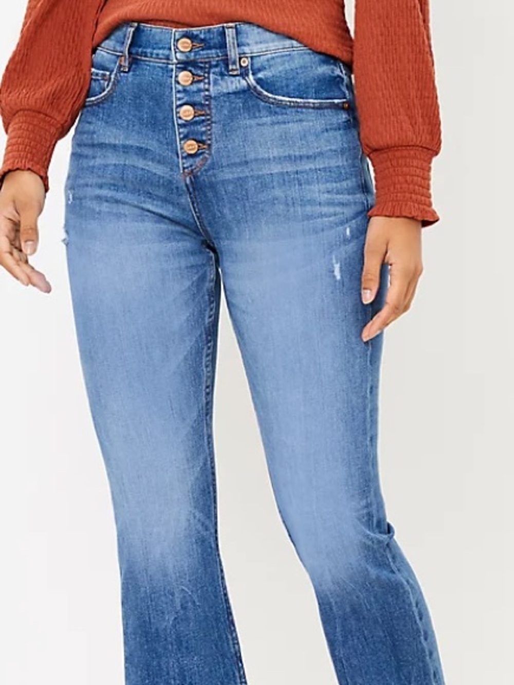 LOFT Kick Crop Light Wash Button Fly Denim Jeans with Golden Topstitching Size 8